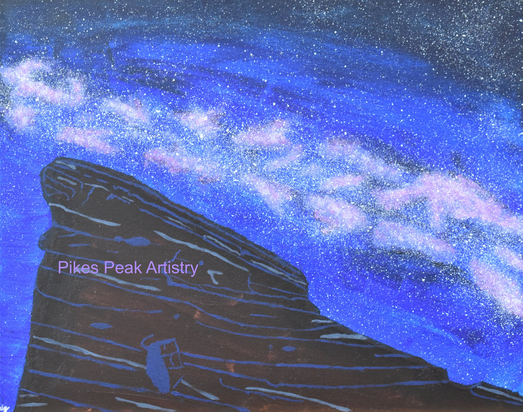 Original Acrylic Painting Set with the Red Rocks Amphitheatre and the Milky Way: "Cosmic Serenade at the Rocks"