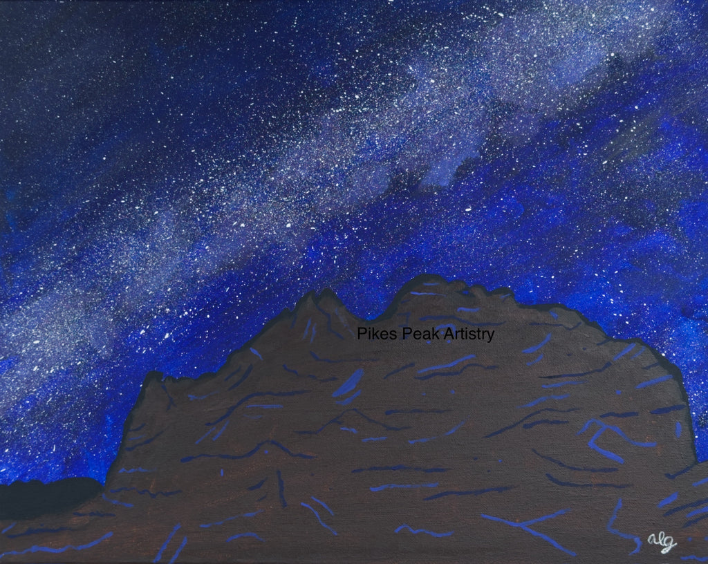 Acrylic Original Painting "Kisses in the Cosmos" Milky Way with Garden of the Gods Kissing Camels