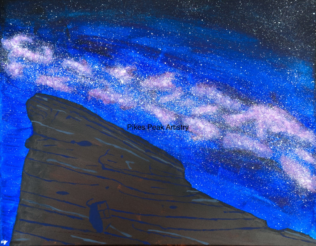 Acrylic Original Painting Set with the Red Rocks Amphitheatre and the Milky Way: "Cosmic Serenade at the Rocks"