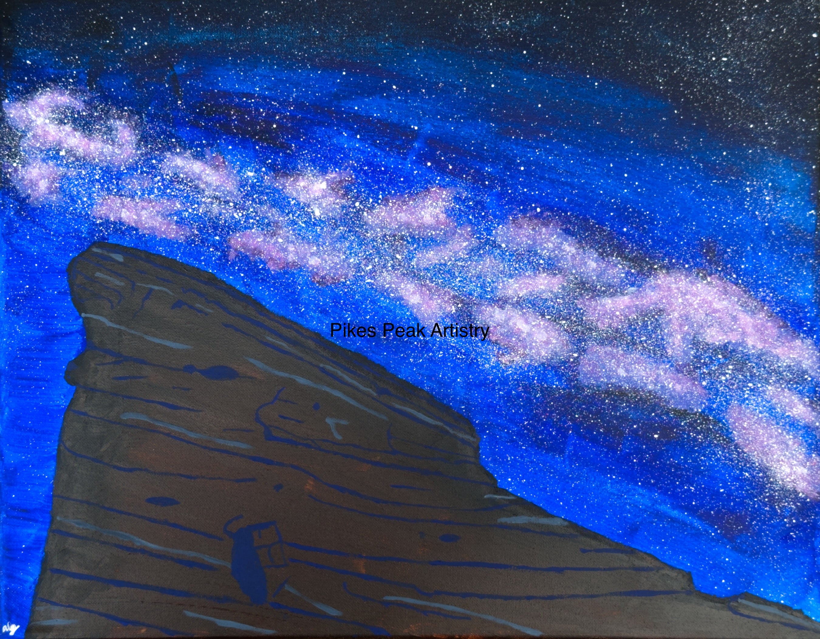 Acrylic Original Painting Set with the Red Rocks Amphitheatre and the Milky Way: "Cosmic Serenade at the Rocks"