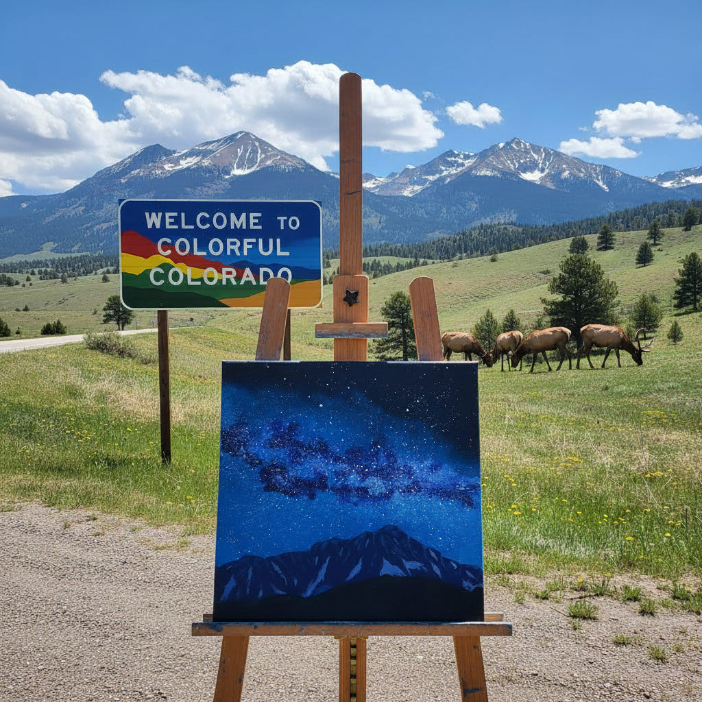 Acrylic Original Painting "Blue Majesty" Pikes Peak and the Milky Way