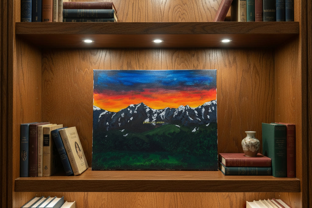 Acrylic Original Painting Never Summer Rocky Mountains Sunset: "Ignited Peaks"