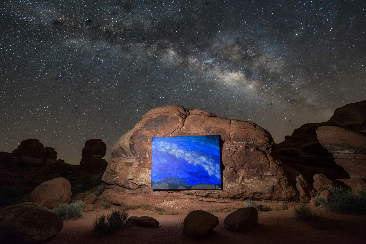 Acrylic Original Painting "The Celestial Overlord and the Crimson Cathedral" Pikes Peak with the Garden of the Gods and the Milky Way
