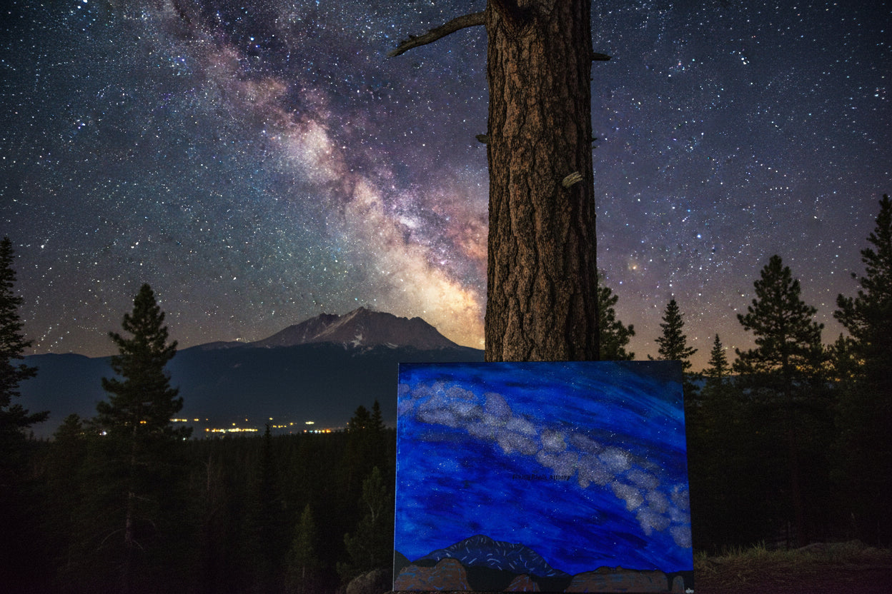Acrylic Original Painting "The Celestial Overlord and the Crimson Cathedral" Pikes Peak with the Garden of the Gods and the Milky Way