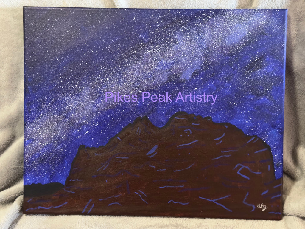 Original Acrylic Painting "Kisses in the Cosmos" Milky Way with Garden of the Gods Kissing Camels